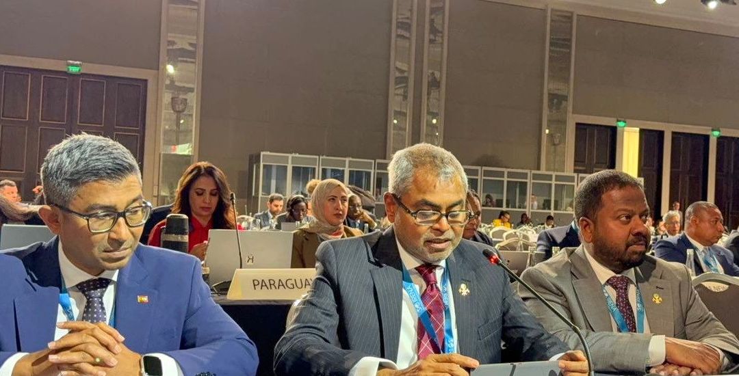 H.E. Dr. Thoriq Ibrahim, Minister of Climate Change, Environment, and Energy attended and delivered a statement at 15th IRENA Assembly; joined by Ambassador H.E. Mohamed Hussain Shareef and multilateral staff.